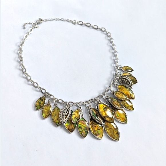 Premier Designs Monterey Abalone Leaf Pendant Silver Chain Link Necklace Multi - Picture 1 of 4